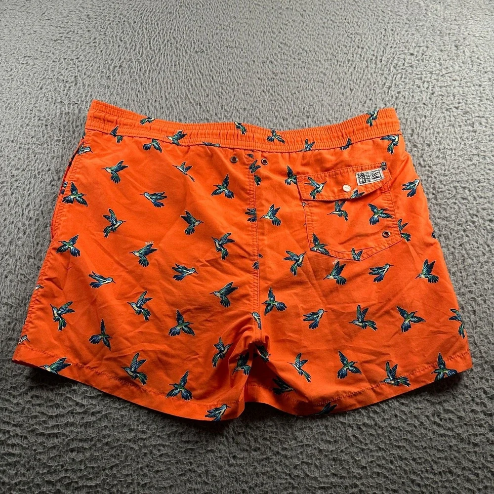 Polo Ralph Lauren Swim Trunks Mens L‎ Hummingbird Print Orange Drawstring Beach